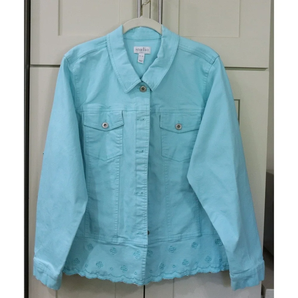 Denim & Co Light Aqua XL Twill Jean Jacket with Scalloped Bottom